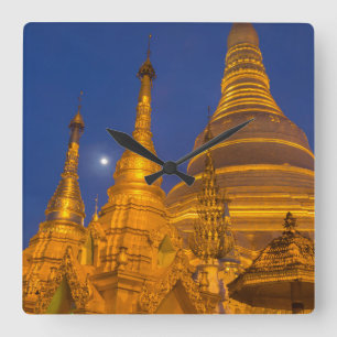 Shwedagon Pagoda at night, Myanmar Quadratische Wanduhr
