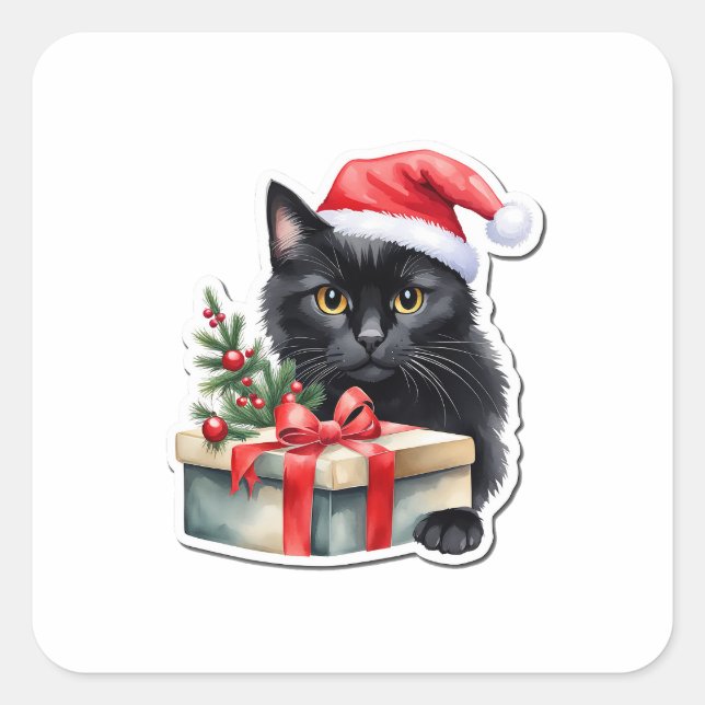 Shy Black Santa Kitten mit Gegenwart Quadratischer Aufkleber (Vorderseite)