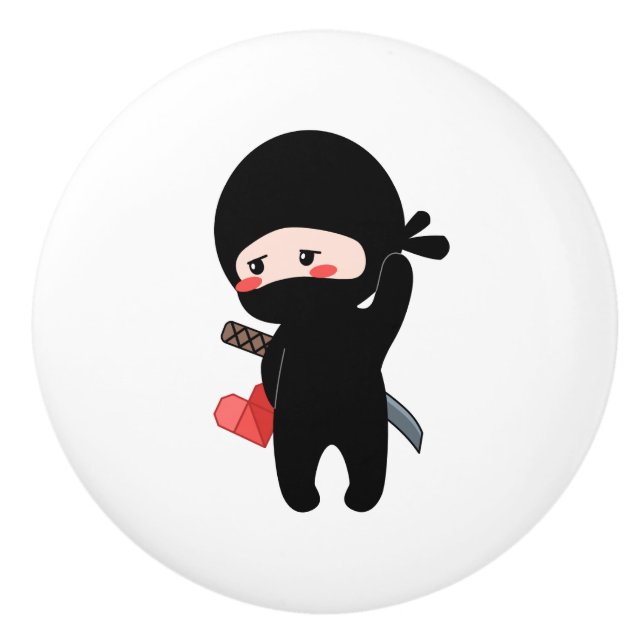 Shy Blushing Ninja Holding Origami Paper Heart Keramikknauf (Vorderseite)