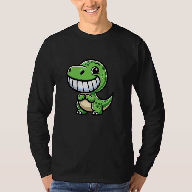 Shy Dino Cartoon Trex Showing Teeth Happy Friendly T-Shirt (Vorderseite)