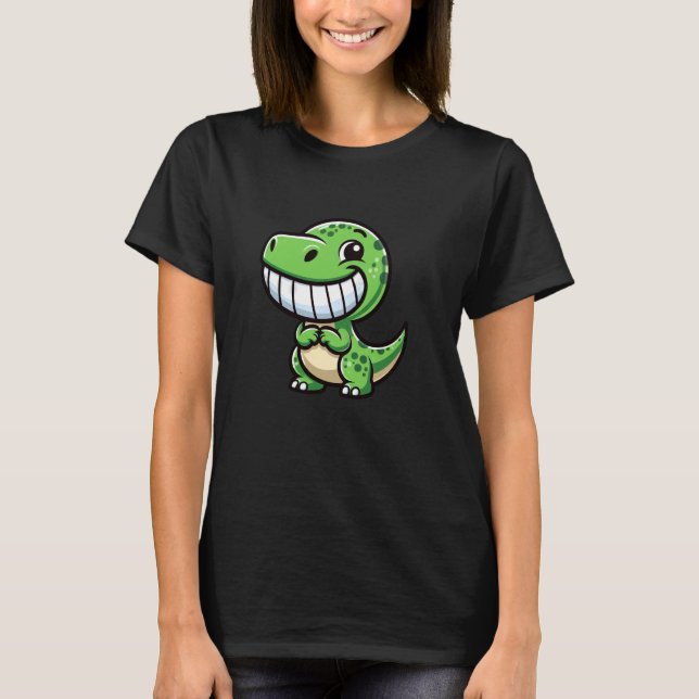 Shy Dino Cartoon Trex Showing Teeth Happy Friendly T-Shirt (Vorderseite)