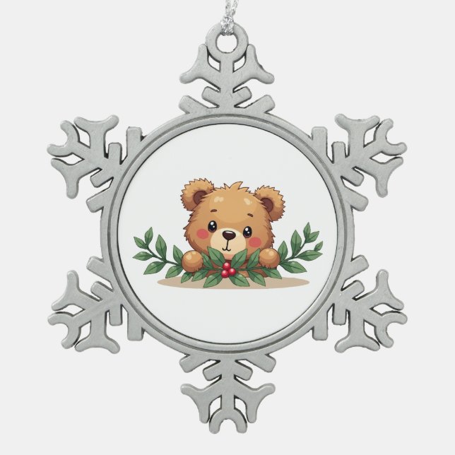 Shy Kawaii Teddy Bear Mistletoe Christmas Schneeflocken Zinn-Ornament (Vorderseite)