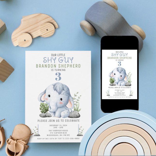 Shy Typ Elephant zum Geburtstag Einladung (An adorable birthday theme to celebrate the little shy guy in your family.)