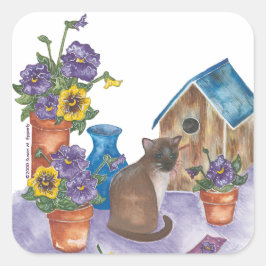 Siam Cat Birdhouse Stiefmütterchen Wasserfarbe "An Quadratischer Aufkleber