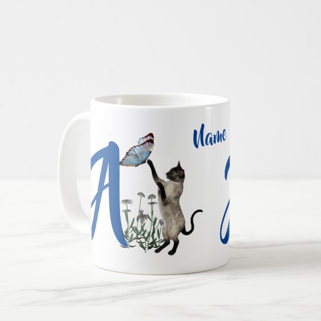 Siam Cat Butterfly Monogram Initial A Your Name Kaffeetasse (Vorderseite Links)