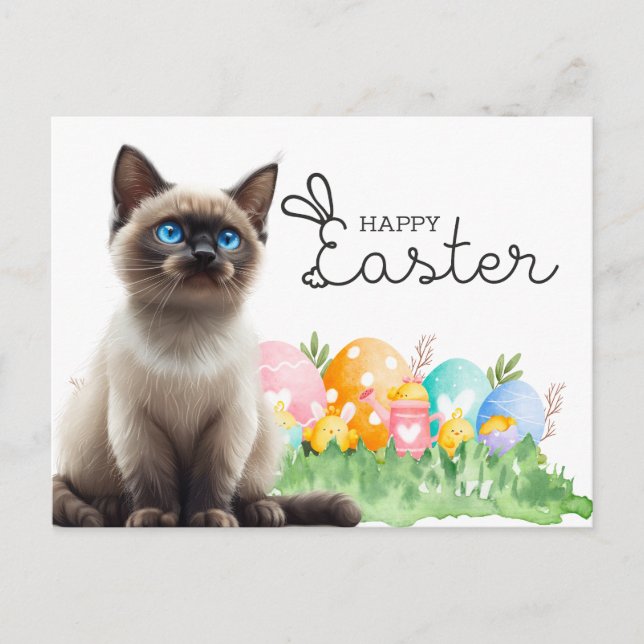 Siam Cat Happy Oaster mit Eiern Postkarte (Vorderseite)