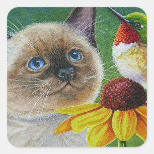 Siam Kitten & Hummingbird Wasserfarben Kunst Quadratischer Aufkleber