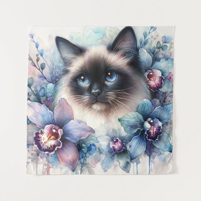 Siamese Cat Among Orchid Flowers Watercolor Wandteppich (Vorderseite)