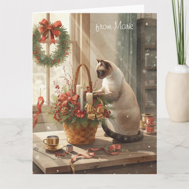 Siamese Cat arranging Flowers for WinterChristmas  Karte (Vorderseite)