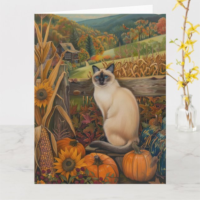 Siamese Cat Autumn Harvest Erntedank Karte (Gelbe Blume)