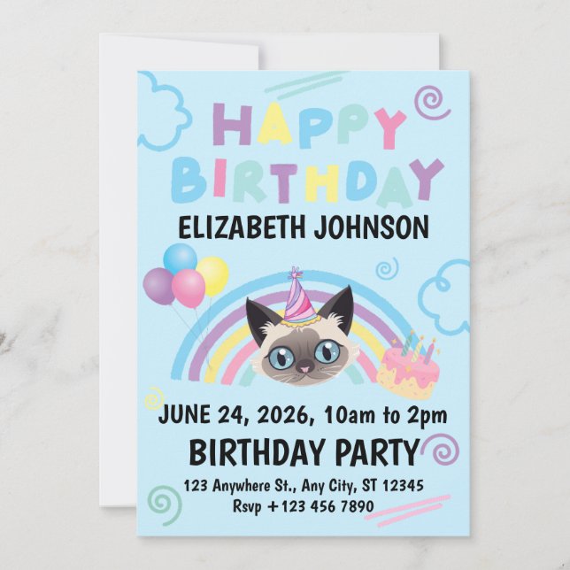 Siamese Cat Birthday Invitation in Blue Einladung (Vorderseite)