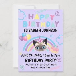 Siamese Cat Birthday Invitation in Purple Einladung