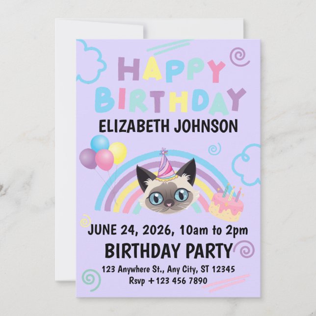 Siamese Cat Birthday Invitation in Purple Einladung (Vorderseite)