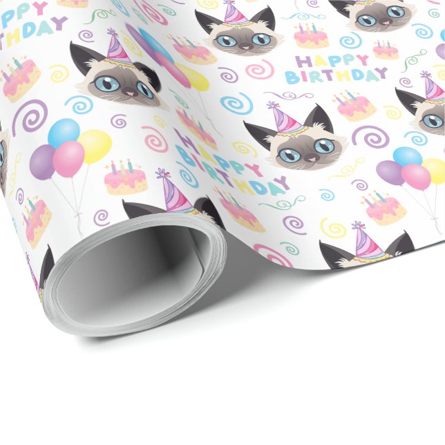 Siamese Cat Birthday Wrapping Paper Geschenkpapier (Rolleneckpunkt)