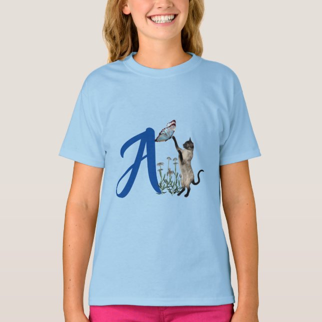 Siamese Cat Butterfly Monogram Initial A T-Shirt (Vorderseite)