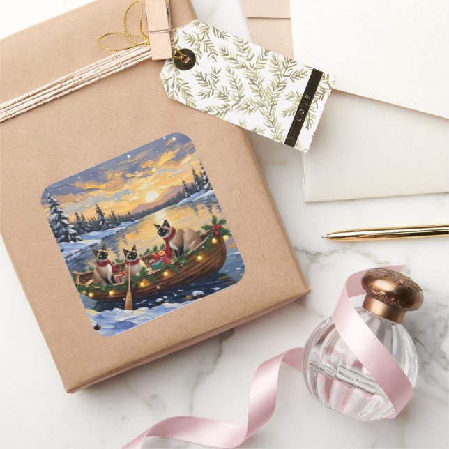 Siamese Cat Christmas Boat Holiday Quadratischer Aufkleber (Schenken)