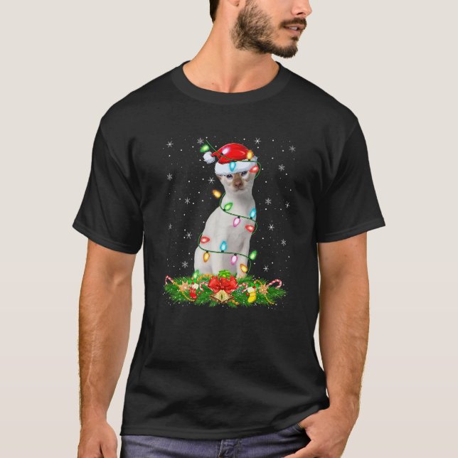 Siamese Cat Christmas Lights Funny Santa Hat Cat X T-Shirt (Vorderseite)