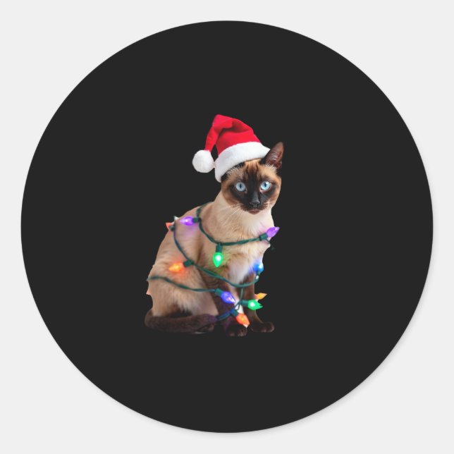 Siamese Cat Christmas Lights Xmas Cat Lover T-Shir Runder Aufkleber (Vorderseite)