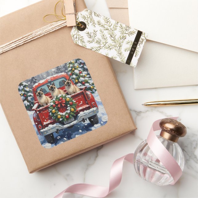 Siamese Cat Christmas Red Truck Holiday Quadratischer Aufkleber (Schenken)