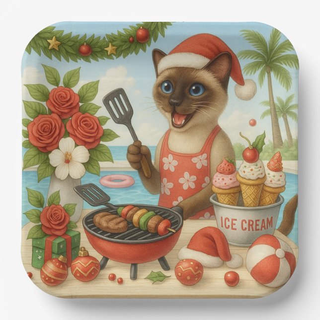 Siamese Cat Christmas themed for Cat Lover Pappteller (Vorderseite)