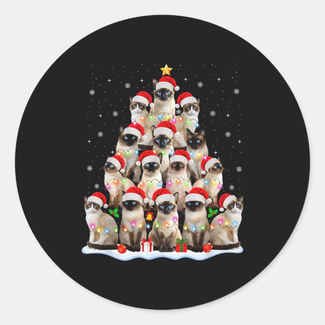 Siamese Cat Christmas Tree Lights Xmas Catmas Cat  Runder Aufkleber (Vorderseite)