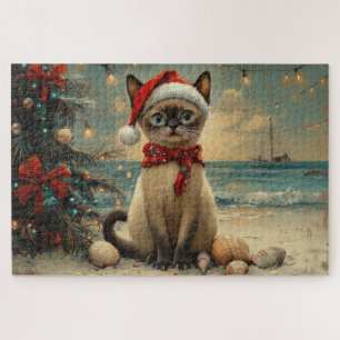 Siamese Cat Christmas Vintag Beach Puzzle