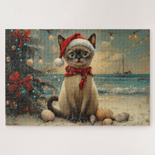 Siamese Cat Christmas Vintag Beach Puzzle (Horizontal)