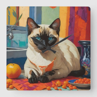 Siamese Cat Fauvism Style Quadratische Wanduhr