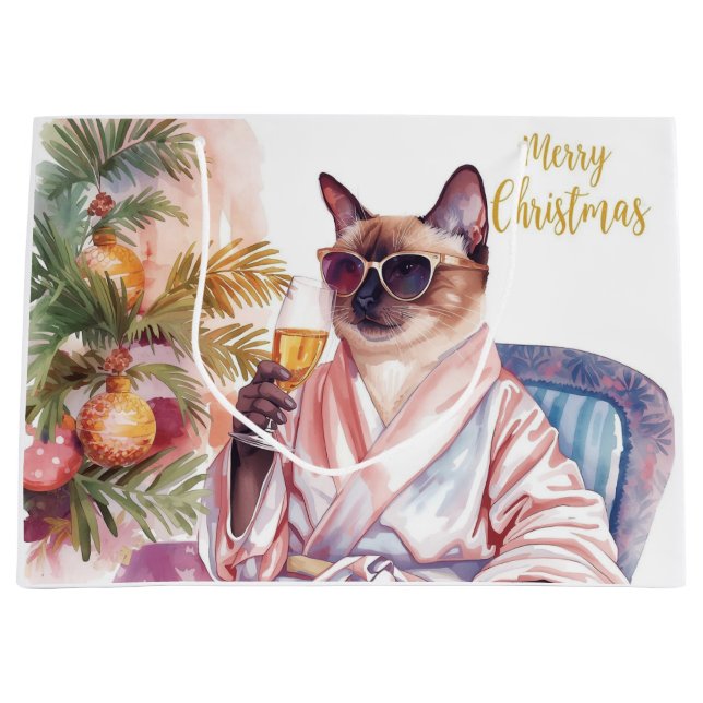 Siamese Cat Glam Christmas  Sipping Champagne  Große Geschenktüte (Vorderseite)