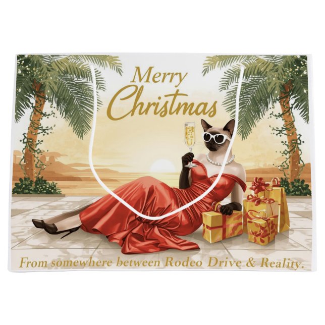 Siamese Cat Glam Christmas  Sipping Champagne  Große Geschenktüte (Vorderseite)