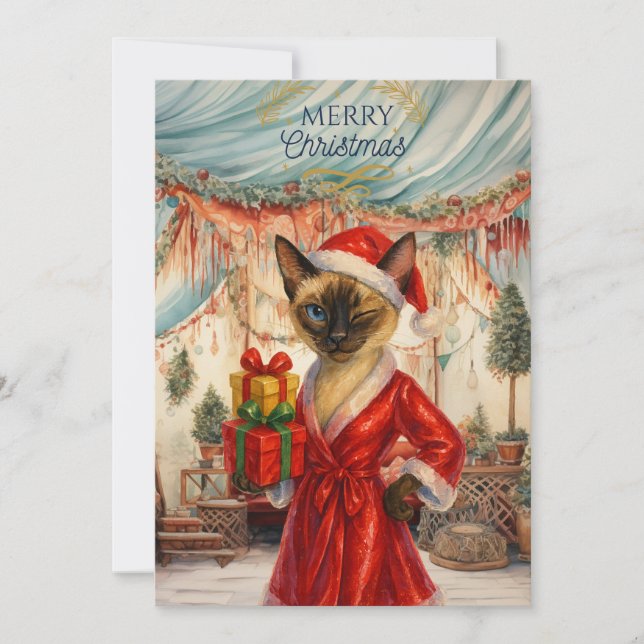 Siamese Cat hält Weihnachtsgeschenke ab Feiertagskarte (Vorderseite)