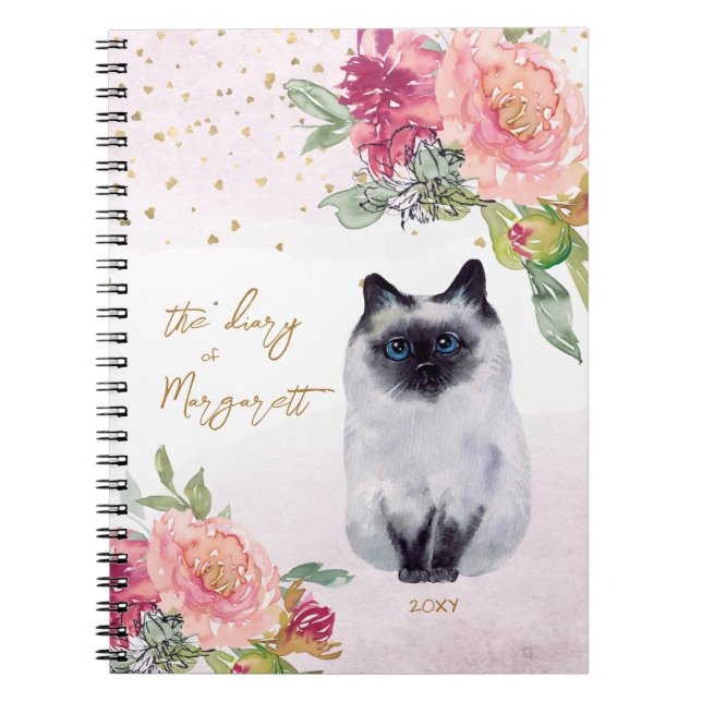 Siamese Cat Illustration Blume Girl Daily Diary Notizblock (Vorderseite)