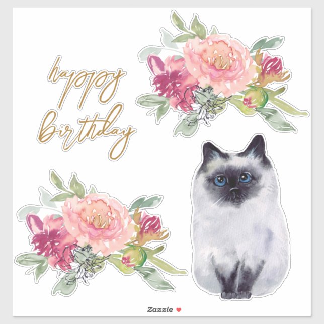 Siamese Cat Illustration Happy Birthday Girl Party Aufkleber (Blatt)