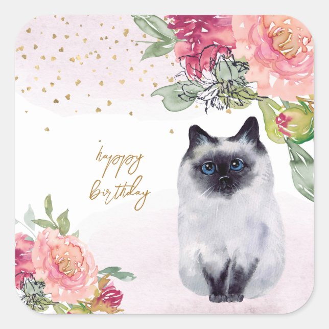 Siamese Cat Illustration Happy Birthday Girl Party Quadratischer Aufkleber (Vorderseite)