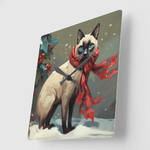 Siamese Cat in Schnee Weihnachten Quadratische Wanduhr