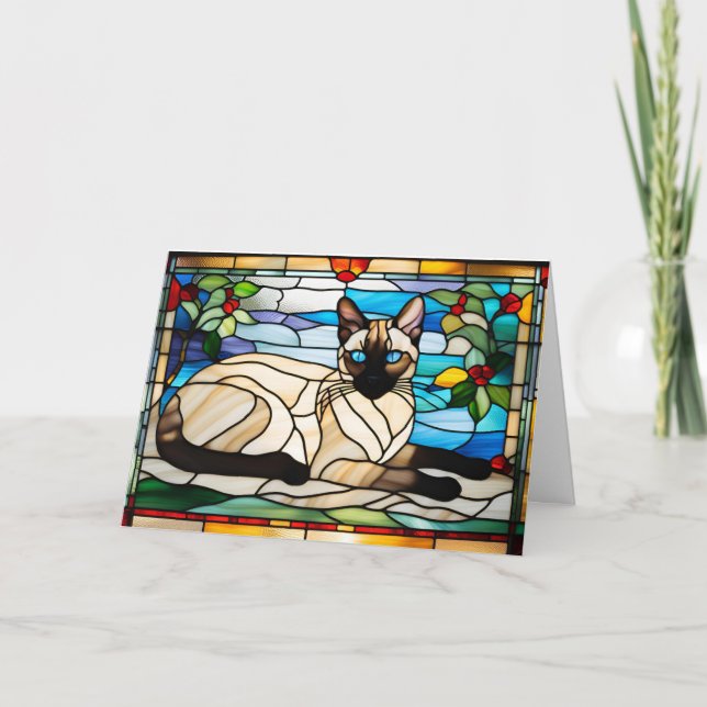 Siamese Cat Stained Glass Folded Greeting Card Karte (Vorderseite)