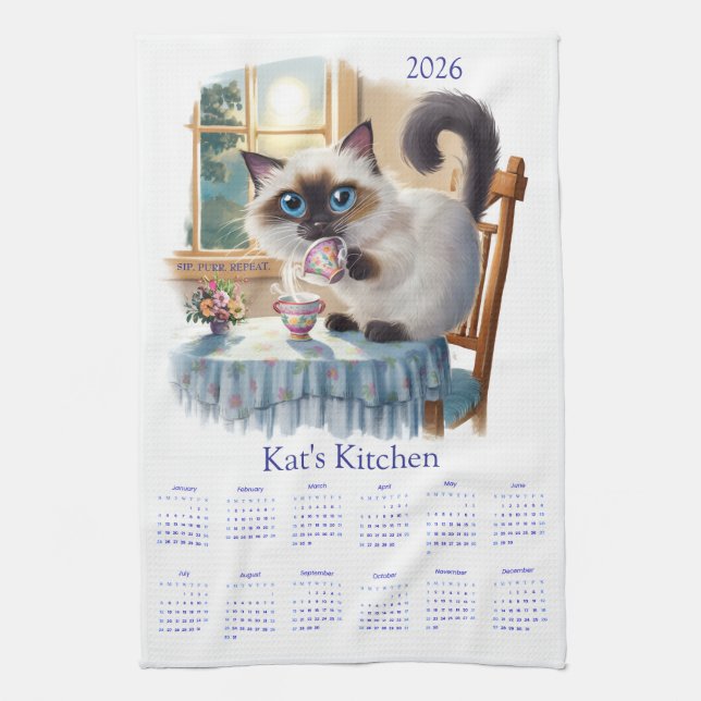 Siamese Cat Tea Time 2026 Calendar Kitchen Towels Geschirrtuch (Vertikal)
