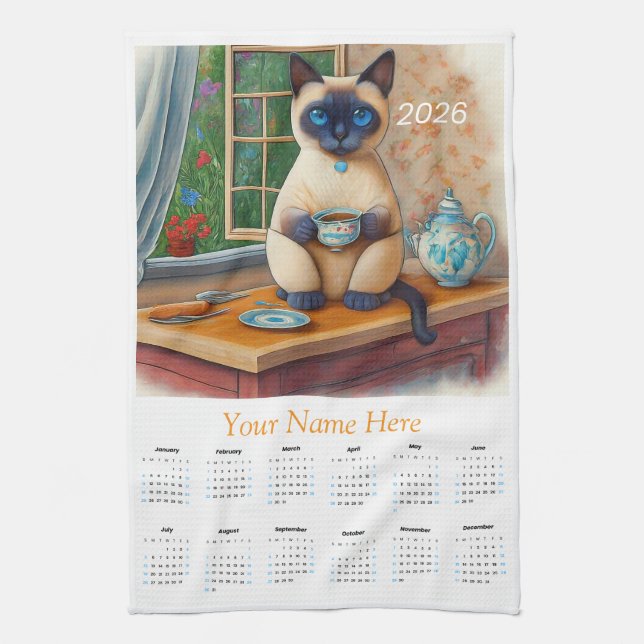 Siamese Cat Tea Time 2026 Tea Towel Calendar Geschirrtuch (Vertikal)