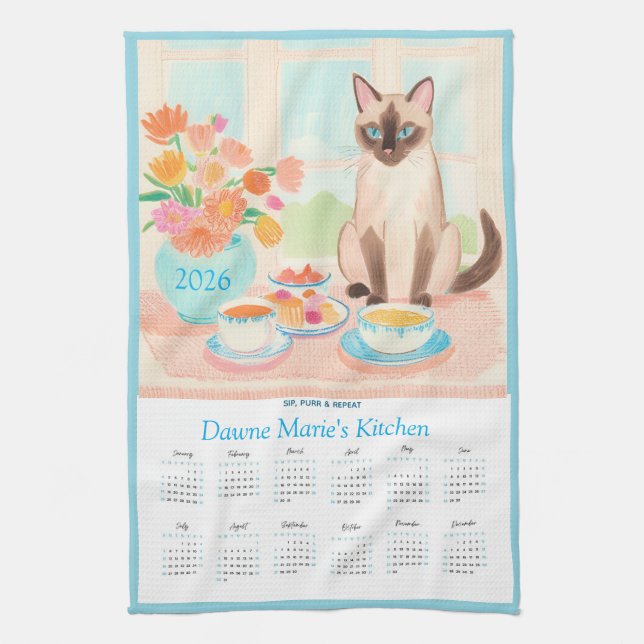 Siamese Cat, Teacups & Tea Towel Calendar Too Geschirrtuch (Vertikal)