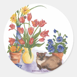 Siamese Cat Tulips Stiefmütterchen Watercolor "Ch Runder Aufkleber