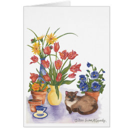 Siamese Cat Tulips Stiefmütterchen Watercolor "Che