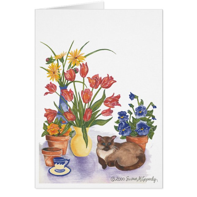 Siamese Cat Tulips Stiefmütterchen Watercolor "Che (Vorne)