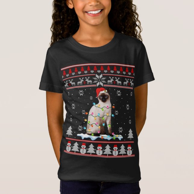 Siamese Cat Ugly Christmas Lights Funny Cat Lover T-Shirt (Vorderseite)