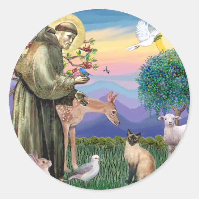 Siamese Cat und St. Francis Runder Aufkleber (Vorderseite)