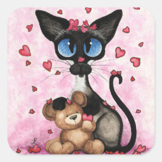 Siamese Cat Valentines Day by Bihrle Quadratischer Aufkleber