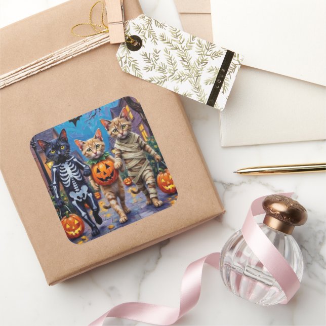 Siamese Cats Trick-or-Treating Halloween Costumes Quadratischer Aufkleber (Schenken)