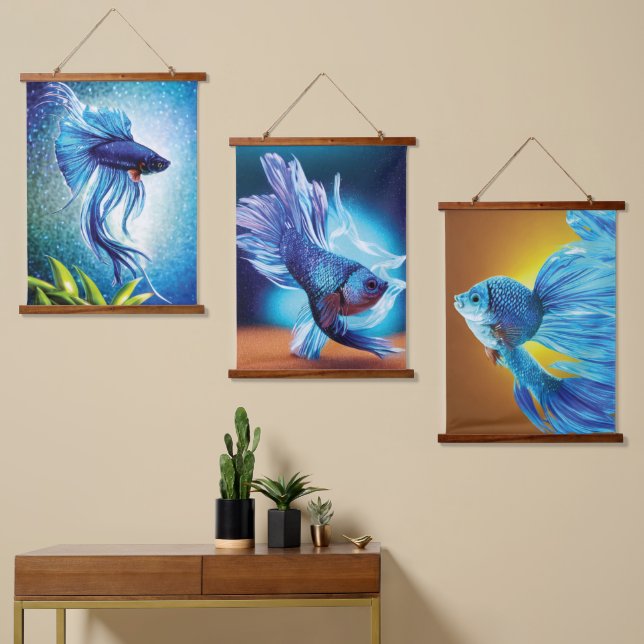 Siamese Fish Hanging Tapestry Wandteppich Mit Holzrahmen (Asymmetrisch)