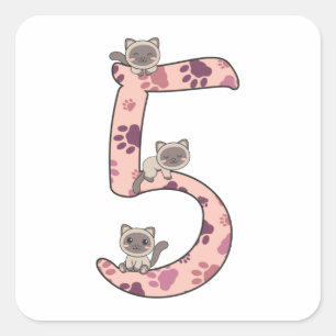 Siamese Katze 5. Geburtstag für Kinder Katzen Squa Quadratischer Aufkleber