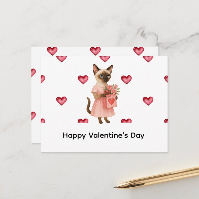 Siamese-Katze bringt Rosen zum Valentinstag Postkarte (Vorderseite/Rückseite Beispiel)