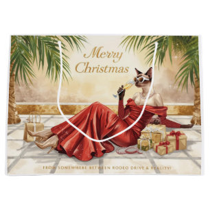 Siamese Katze Glam Weihnachten  Champagner trinken Große Geschenktüte